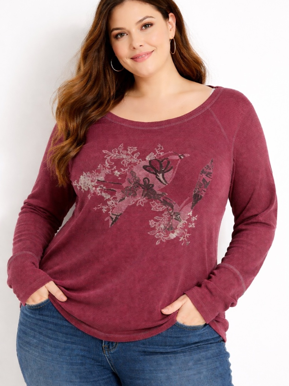 Vintage Graphic Y2K Torrid Waffle Knit Burgundy LS 2X